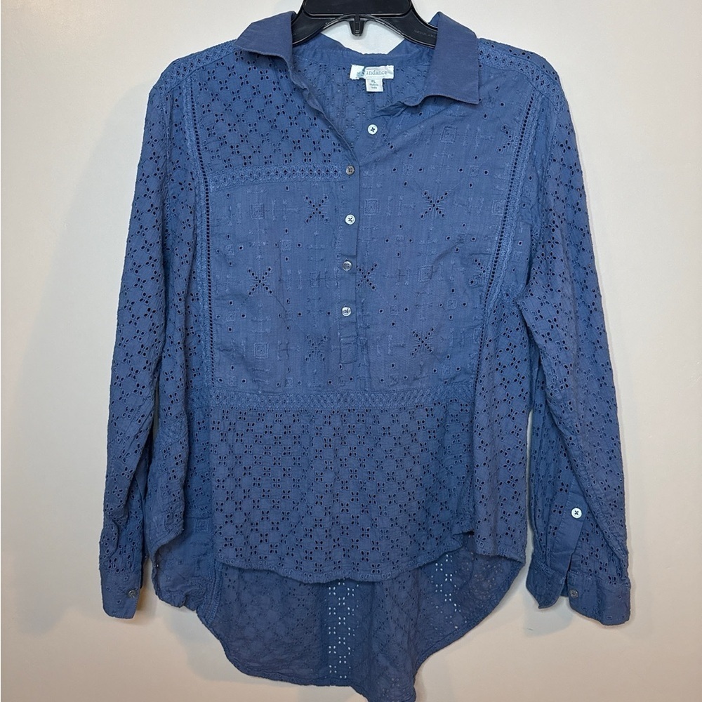Sundance Cotton Eyelet Collared Blouse Blue PL Boho Substainable lightweight Top
